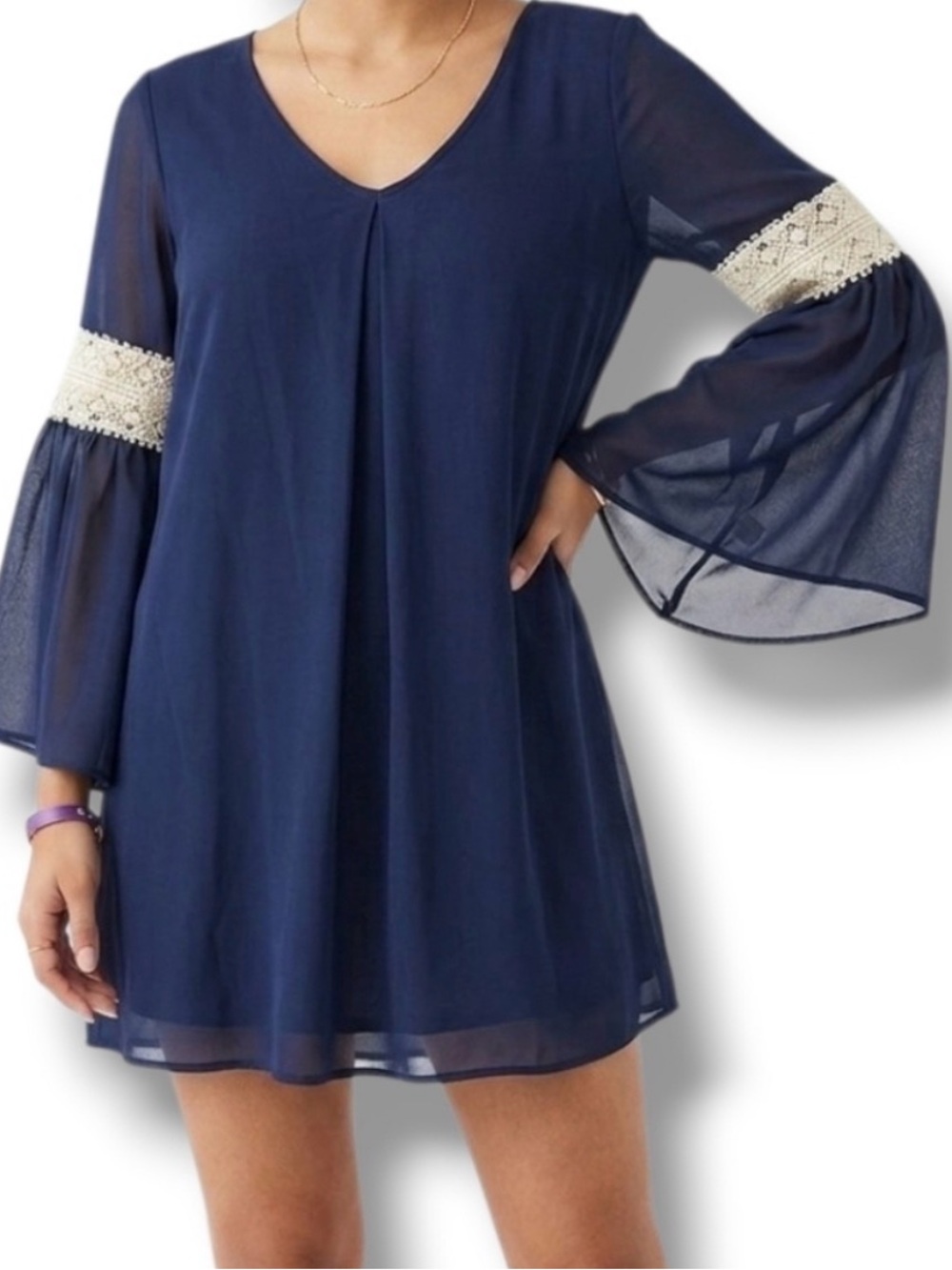 By & By Bell Embroidered Lace Trim Bell Sleeve Semi Casual Blue Dress Size L